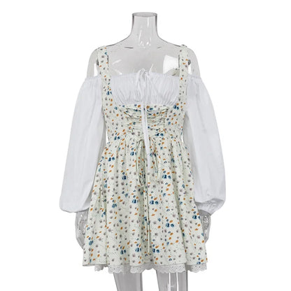 Floral Corset Lace Up Square Neck Eyelet Lace Trim Bubble Hem Mini Dress