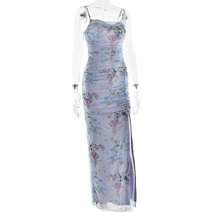 Floral Print Mesh Zipper Spaghetti Strap Long Dress