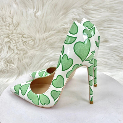 Sweetheart Print White Patent Pointy Toe High Heel Shoes for Women