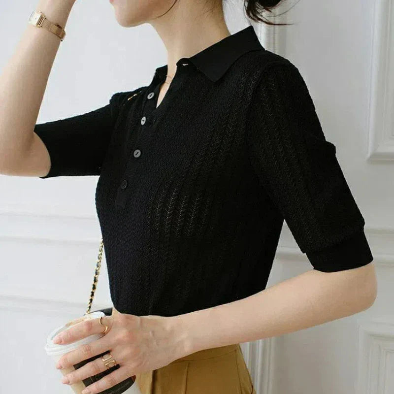 | Ribbed Knit Polo Blouse