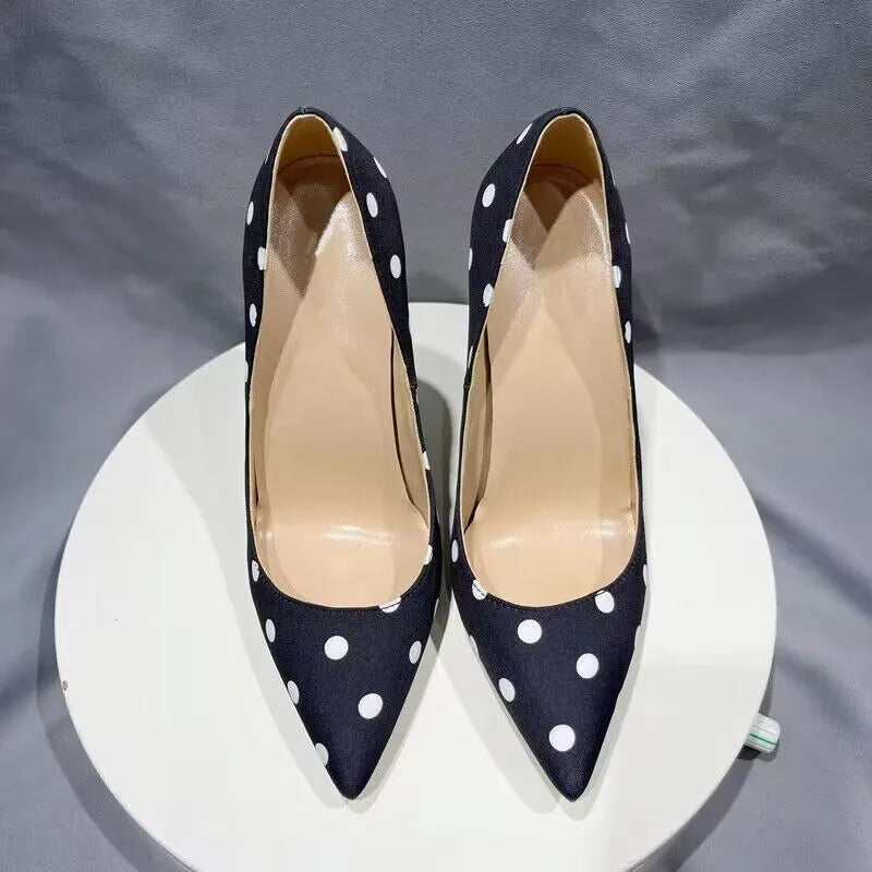 Black Satin Stiletto High Heels with Polka Dot Design