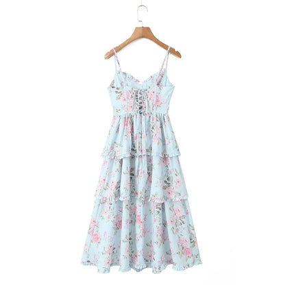 Print Cross Lacing up Back Slit Midi Dress