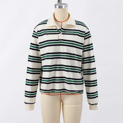 Vintage Stripe Basic Women's T-shirt Casual Long Sleeve Female All Match Polo Shirt Spring New Ladies Loose Tops High Street