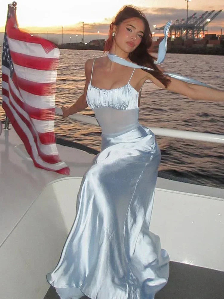 Mesh Panel Spaghetti Strap Satin Ruffle Hem Maxi Dress