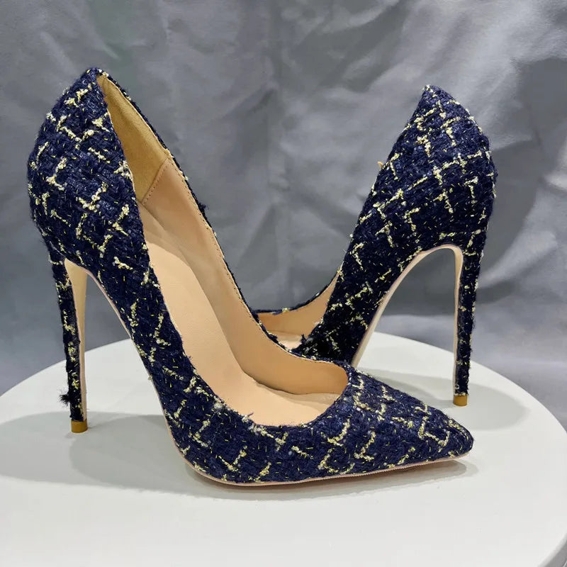 Navy Blue Plaid Pointy Toe High Heel Stiletto Pumps for Women