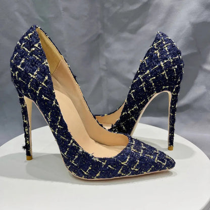 Navy Blue Plaid Pointy Toe High Heel Stiletto Pumps for Women
