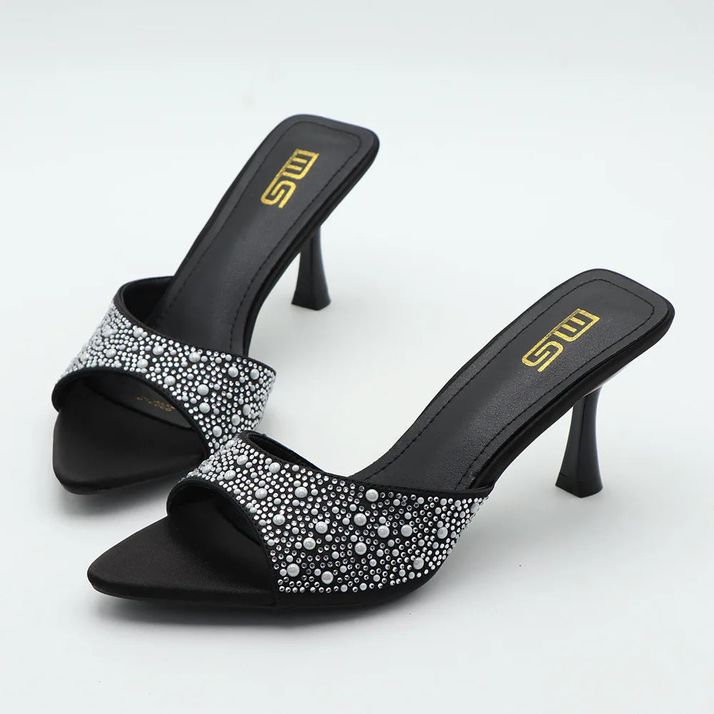 High heeled fishmouth slippers with rhinestones for summer