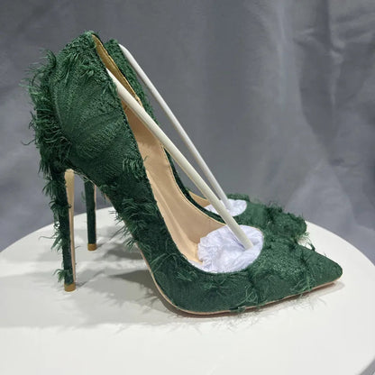 Green Tassel Distressed Fabric Stiletto High Heels Chic Sexy Pumps
