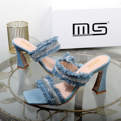 Denim women slippers with new rhinestone plush stiletto heels