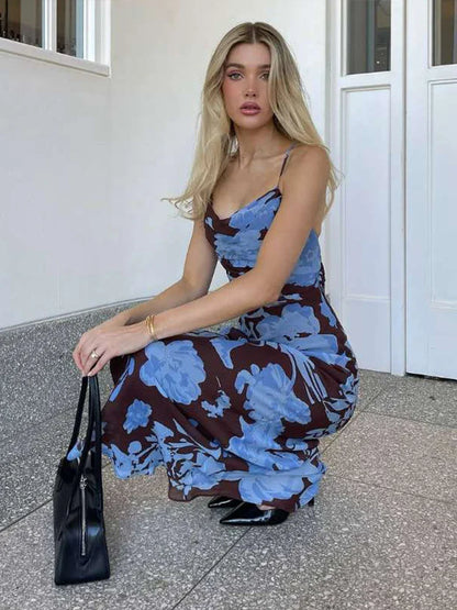 Halter Print Cleavage Maxi Dress