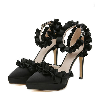 Silk Ankle Strap Platform Pumps with Pleated Design