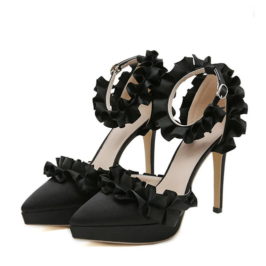 Silk Ankle Strap Platform Pumps with Pleated Design