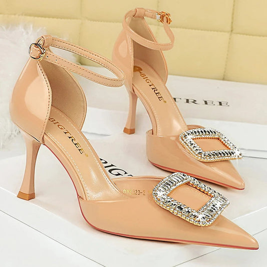 Patent Leather Rhinestone Kitten Heel Women Sandals with Buckle for Summer