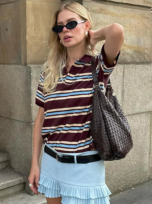 Fashion Stripe Women's T-shirt Casual Short Sleeve Female All Match Polo Shirts Summer New Ladies Loose Tops High Street