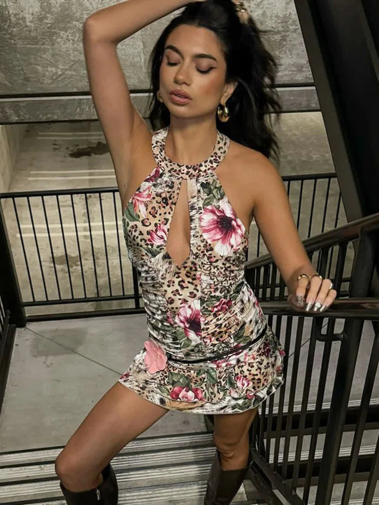 Halter Hollow Out Ruffle Mini Vacation Dress