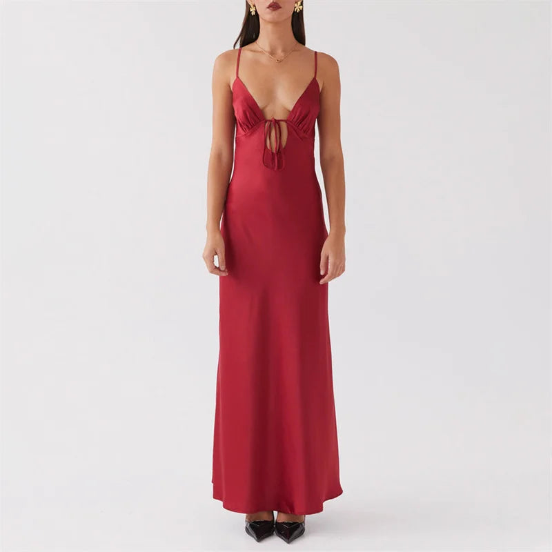 Tie Up Spaghetti Strap Solid Midi Dress