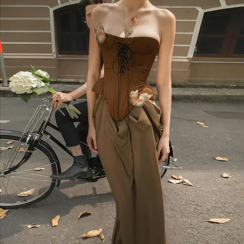 Lace Up Corset Butterfly Applique Draped Waist Maxi Skirt Set