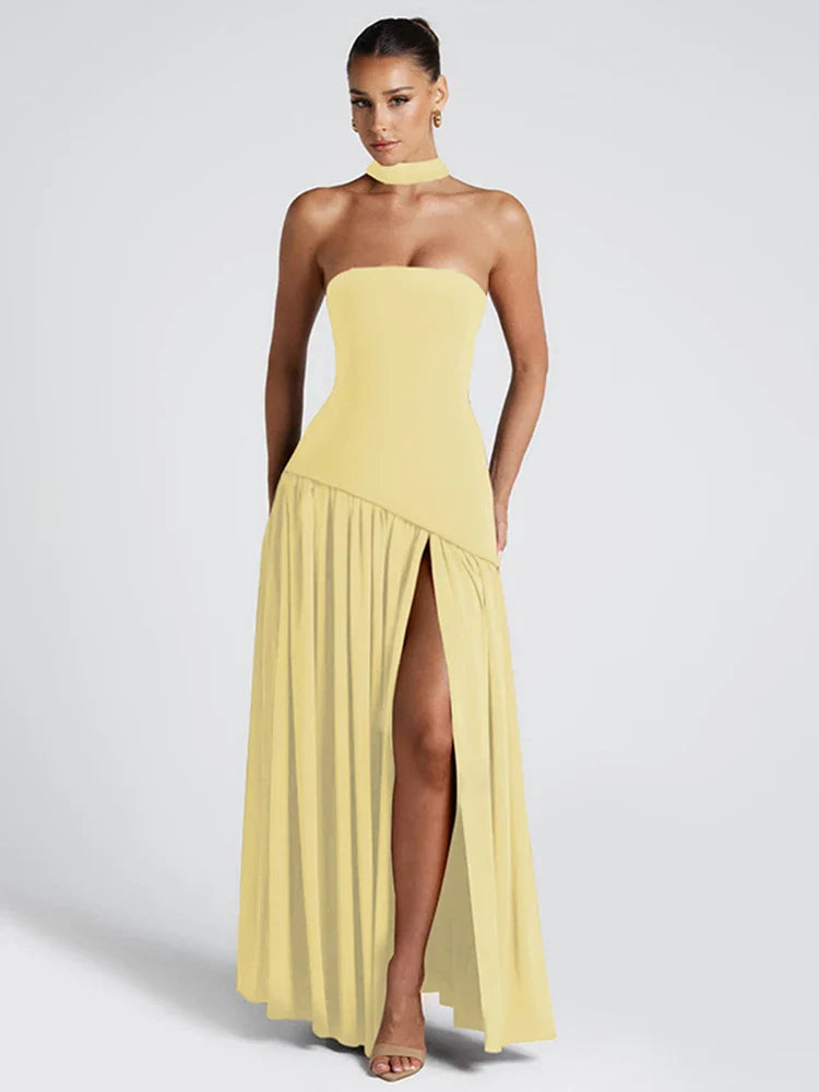 Backless Slit Ribbon Strapless Maxi Dress
