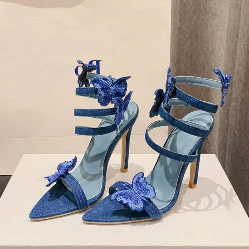 Embroidery Butterfly Ankle Strap Sandals for Women