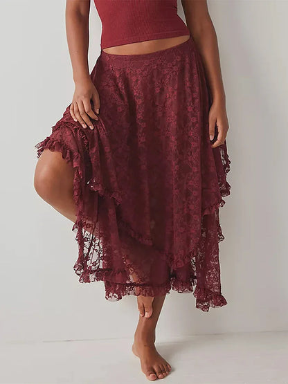 Lace Elastic Irregular Midi Skirt