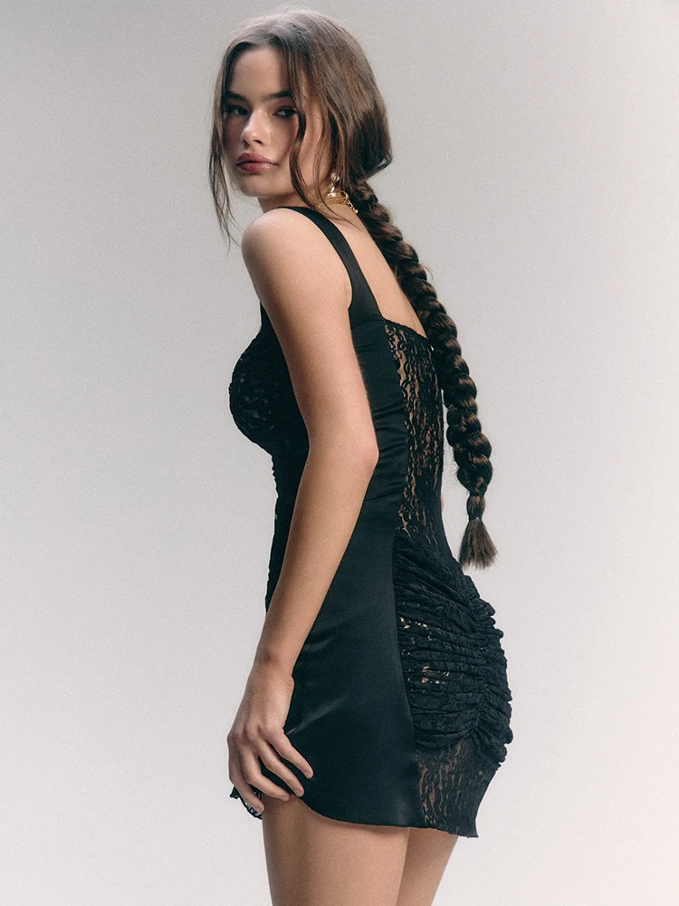 Sheer Lace Backless Ruched Mini Dress