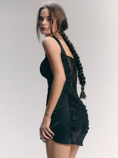 Sheer Lace Backless Ruched Mini Dress