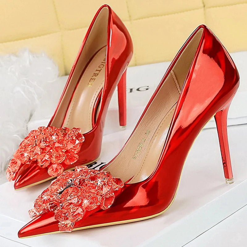 Crystal Bow High Heels Patent Leather Women Pumps Luxury Ladies Shoes