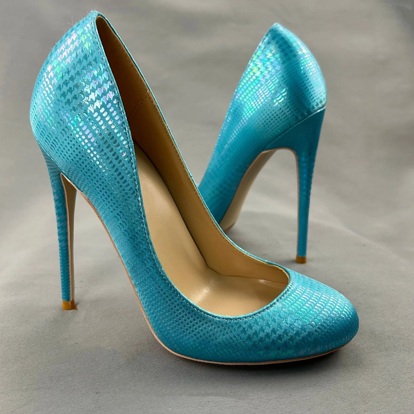 Green Blue Snakeskin Slip On High Heel Shoes for Women