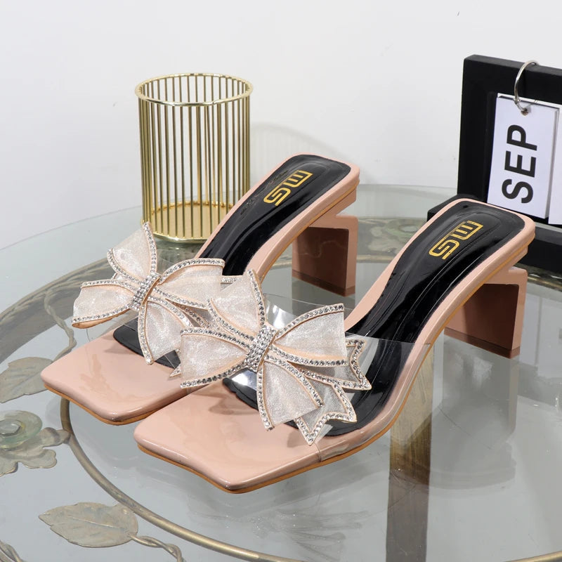 Autumn women's bow gauze elegant fashion slippers with square heel