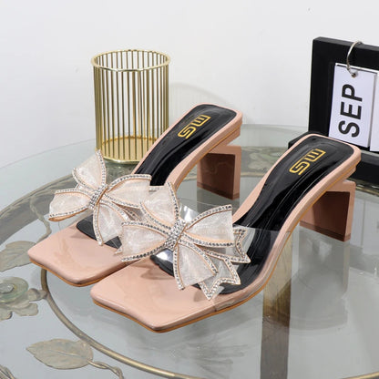 Autumn women's bow gauze elegant fashion slippers with square heel