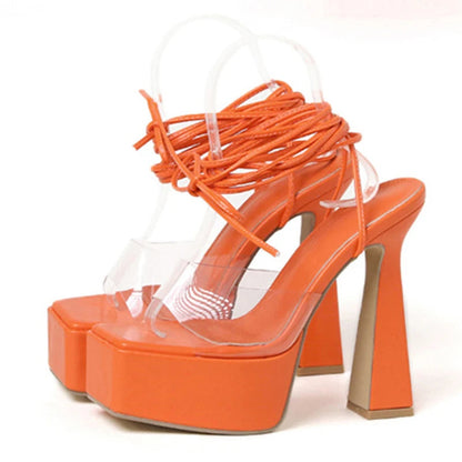 PVC Transparent Lace-Up Ankle Strap Sandals Women Open Toe High Heels 15CM