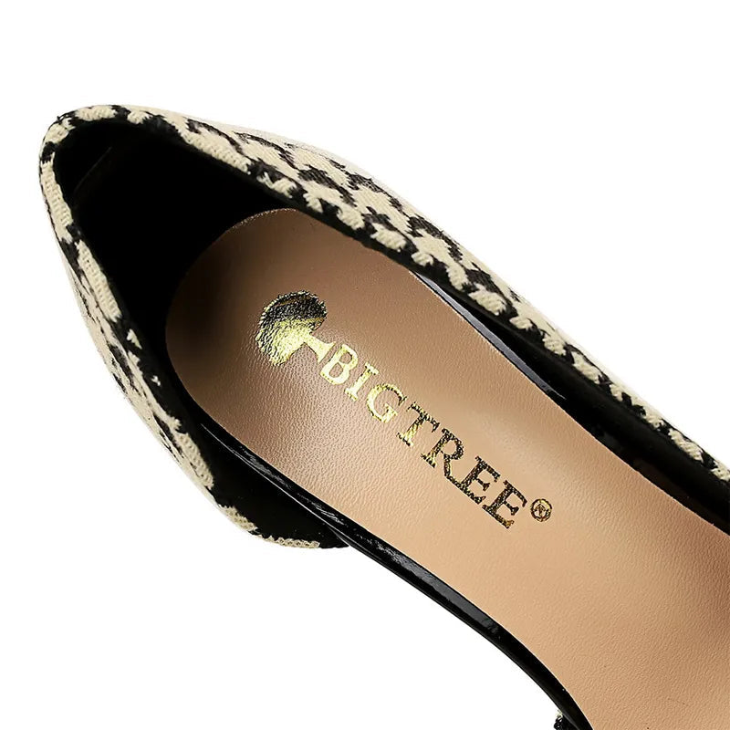Spring Pearl Metal Chain High-heels Checked Grain Stilettos Women