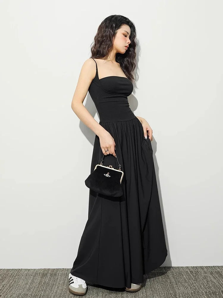 Square Neck Spaghetti Strap Fitted Waist Pleated A-Line Maxi Dress