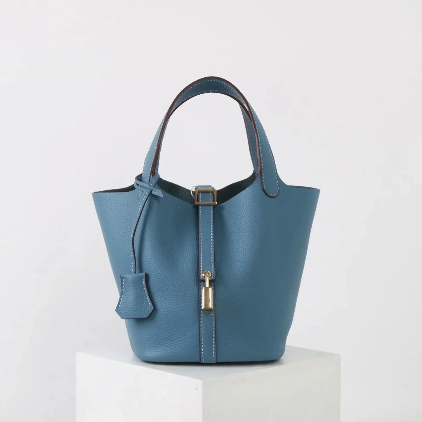 | Textured Leather Bucket Bag with Gold Lock