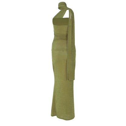 Halter Green Off-shoulder Backless Long Dress