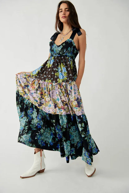 Shirring Chest Strap Floral Sleeveless Boho Dress