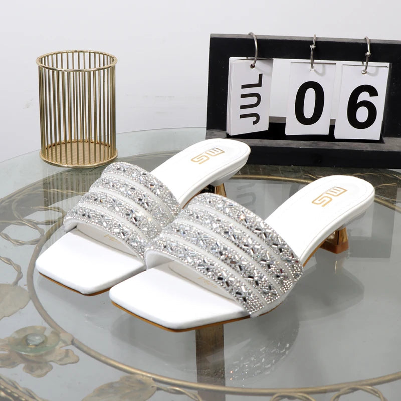 Luxurious Rhinestone Square Toe Black Sandals with 4CM Heel