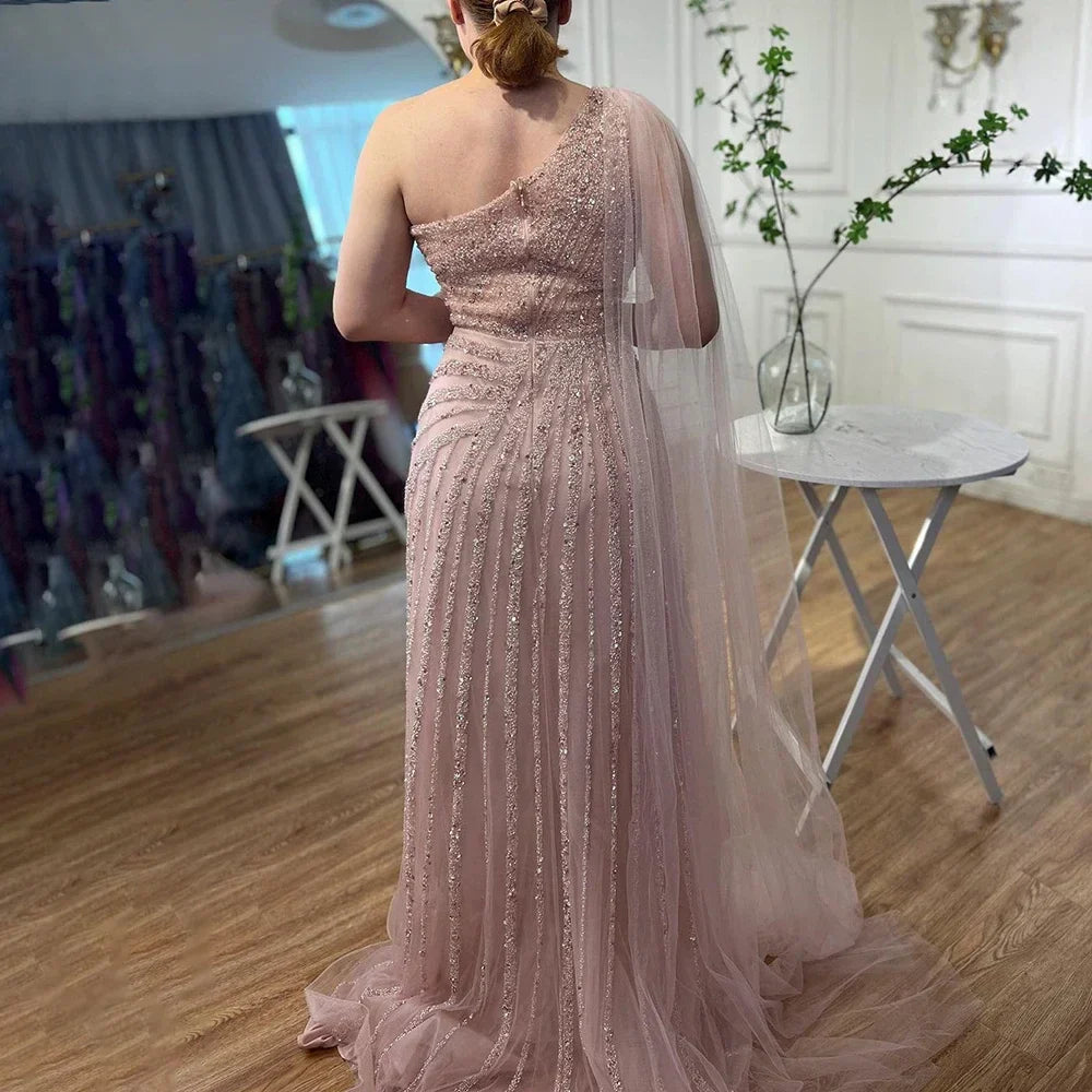 One-Shoulder Cape Sleeve Beaded Evening Dresses