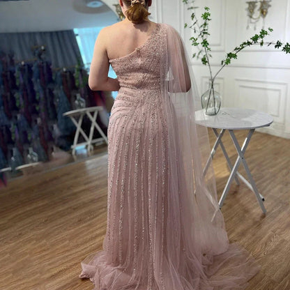 One-Shoulder Cape Sleeve Beaded Evening Dresses