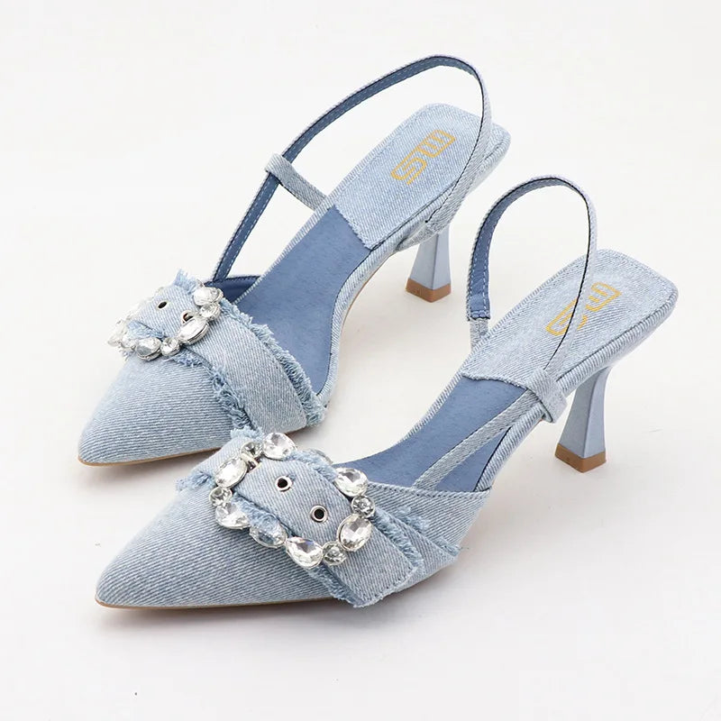 High-heeled denim sandals with rhinestone square buckle for autumn
