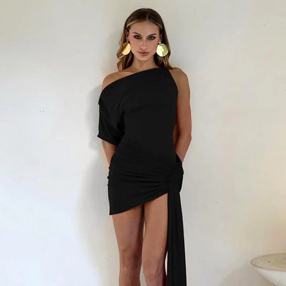 Oblique-Shoulder Backless Irregular Draped Dress