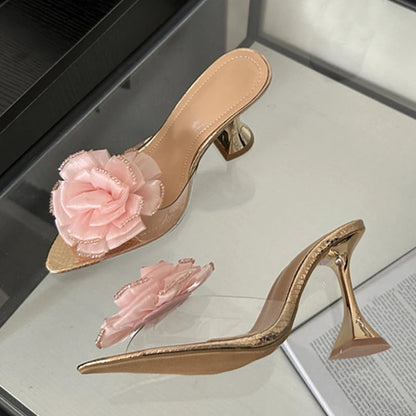 Transparent PVC Women's Fashion Flowers Pointed Toe High Heel Slippers