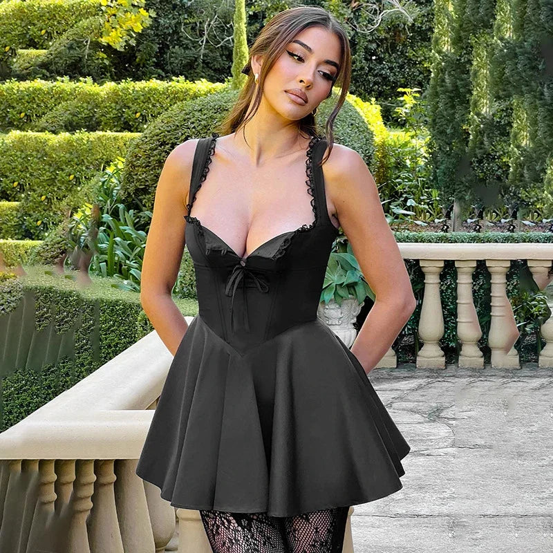 Retro Plunge Lace Up Black Mini Dress