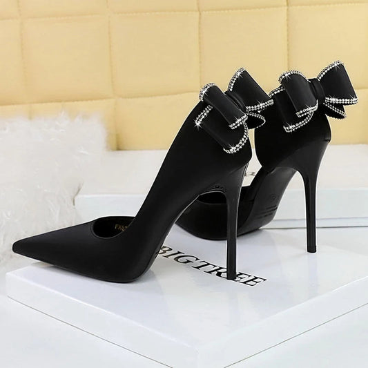 Rhinestone Back Bowknot High Heels Women Pumps in Silks and Satins