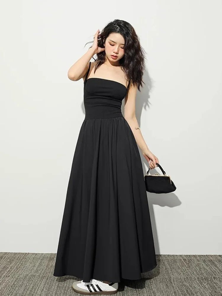 Square Neck Spaghetti Strap Fitted Waist Pleated A-Line Maxi Dress