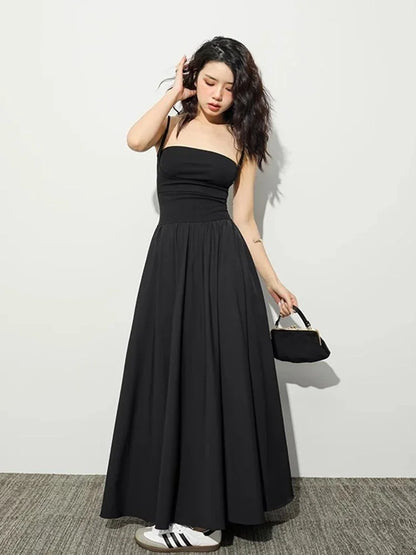 Square Neck Spaghetti Strap Fitted Waist Pleated A-Line Maxi Dress
