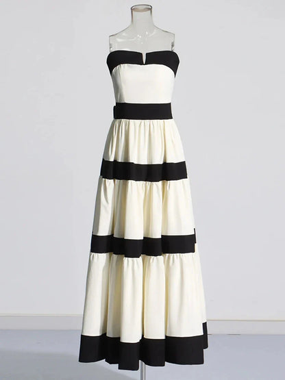 Colorblock Patchwork Bow Strapless Long Dress