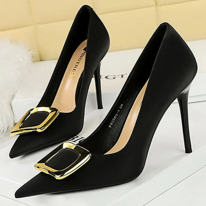 Metal Buckle High Heels Women Shoes Silks Satins Pointed Toe