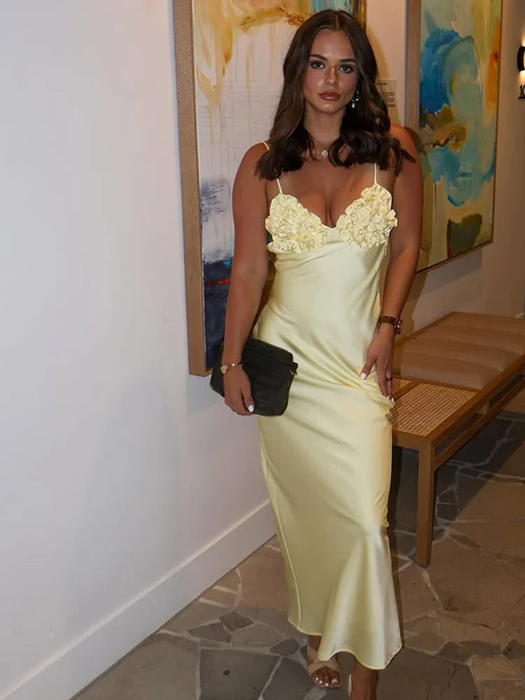 Yellow Floral Satin Slip Maxi Dress