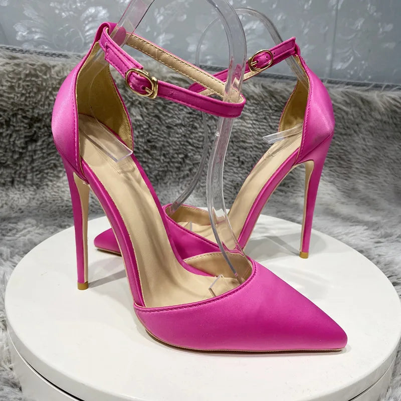 Silk Satin Ankle Strap Pointy Toe High Heel Shoes for Women in Black, Pink, and Green